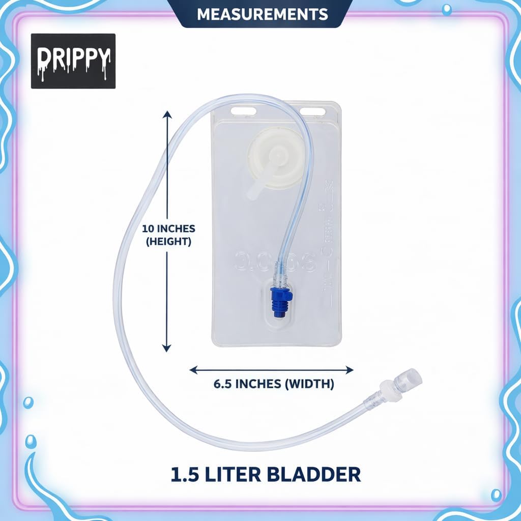 1.5 liter hydration bladder measurements: 10 inches high by 6.5 inches wide