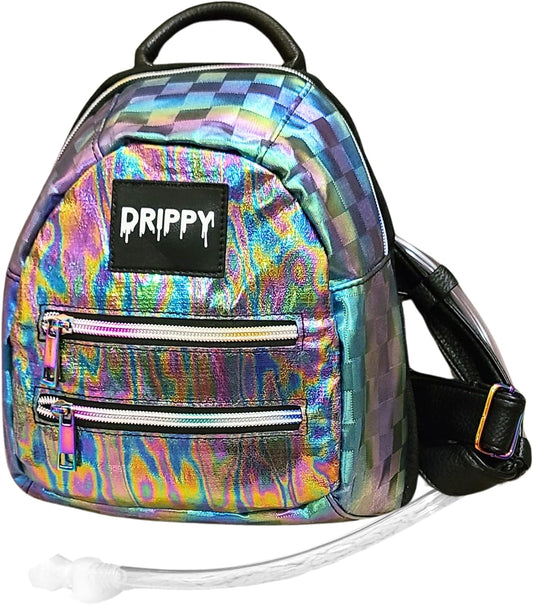 The Oil Slick Mini hydration pack with iridescent oil slick finish and rainbow hardware, 1.5L