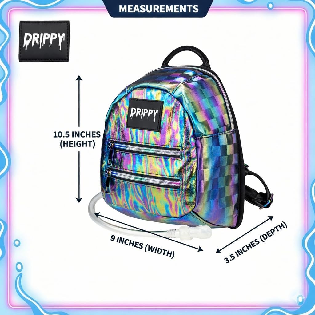 The Oil Slick Mini hydration pack measurements: 10.5 inches high, 9 inches wide, 3.5 inches deep