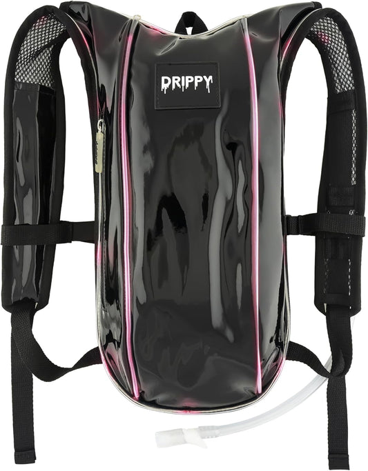 Midnight Black LED hydration pack front view with hydration hose and adjustable straps