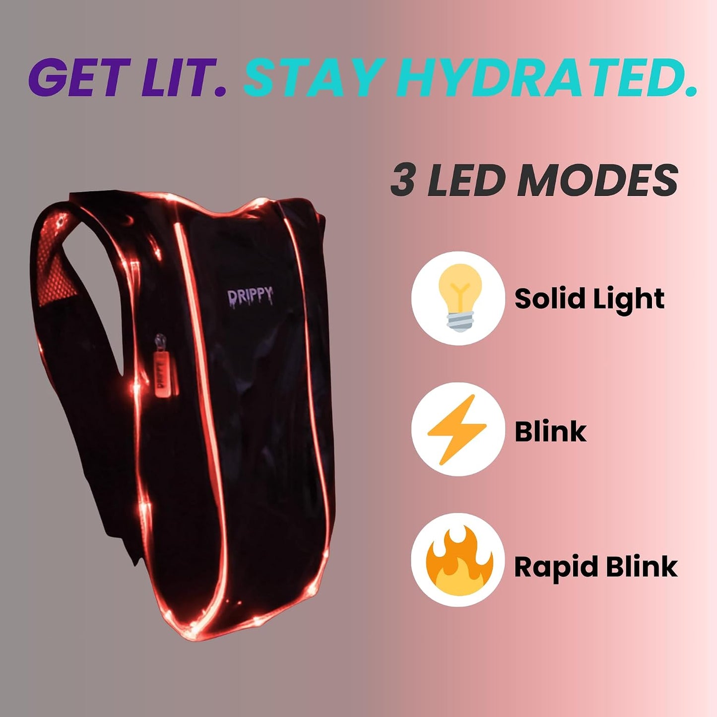 Three LED modes on the Drippy hydration pack: solid light, blink and rapid blink