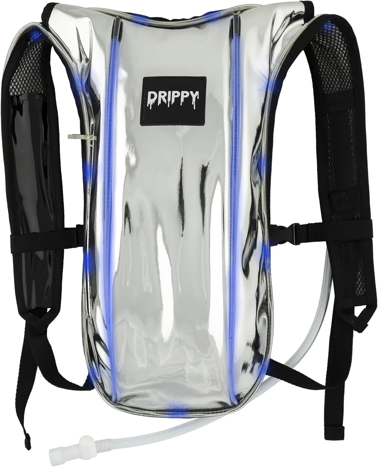 Silver LED hydration pack front view with 2L bladder, hydration hose and adjustable straps