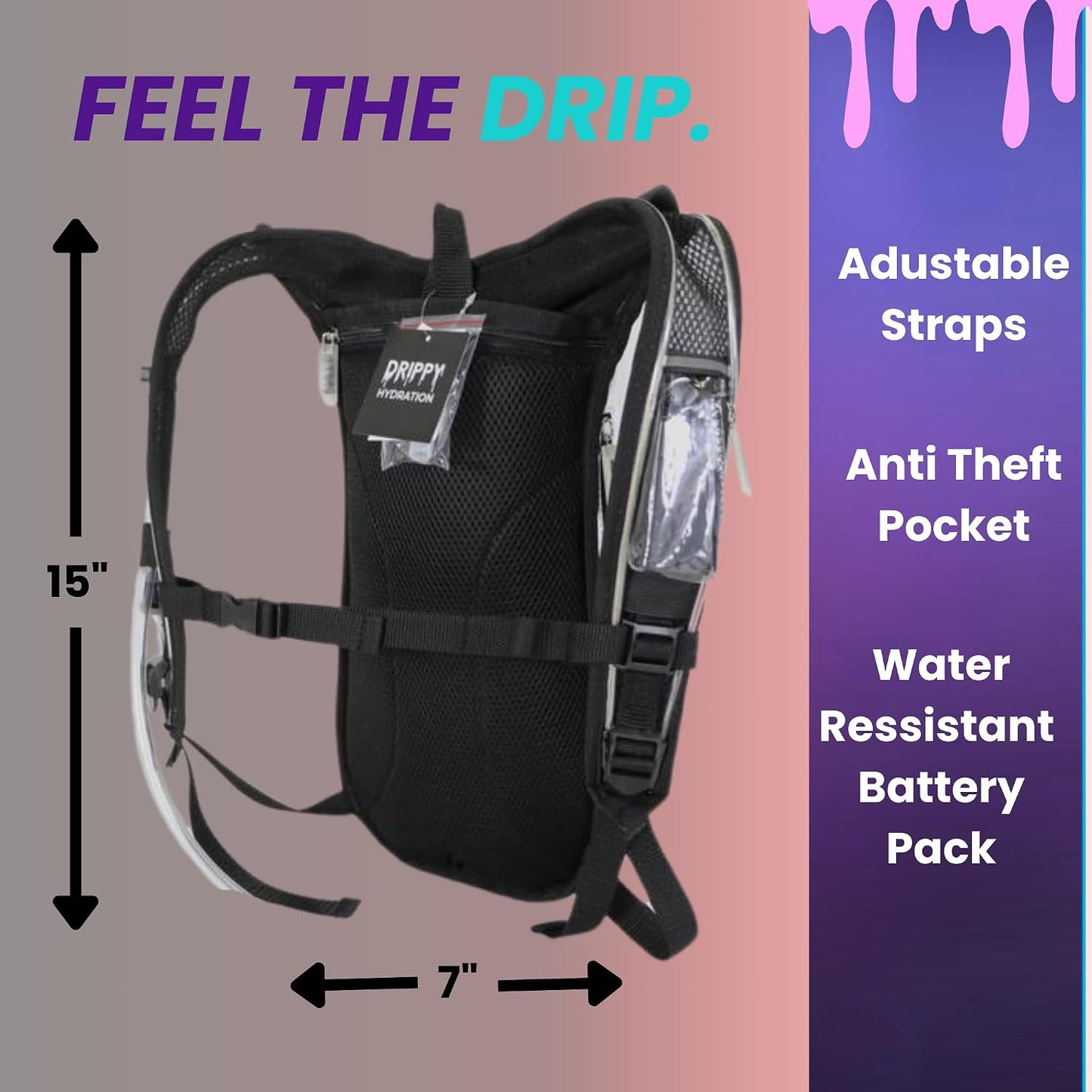 LED hydration pack measurements 15 inches high by 7 inches wide, with adjustable straps and anti-theft pocket