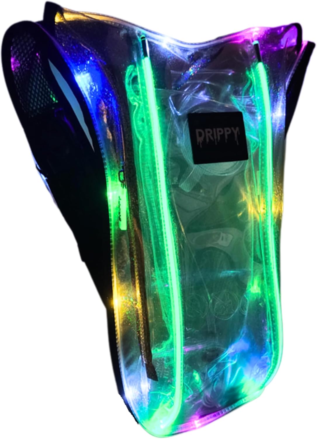Clear Sparkles LED hydration pack front view lit up with multicolour LED lights