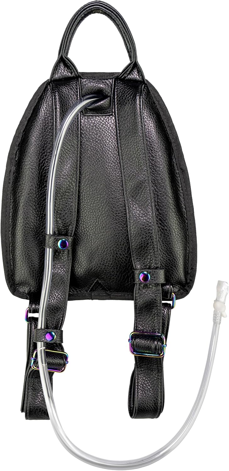 Back view of The Oil Slick Mini hydration pack showing adjustable straps and hydration hose routing
