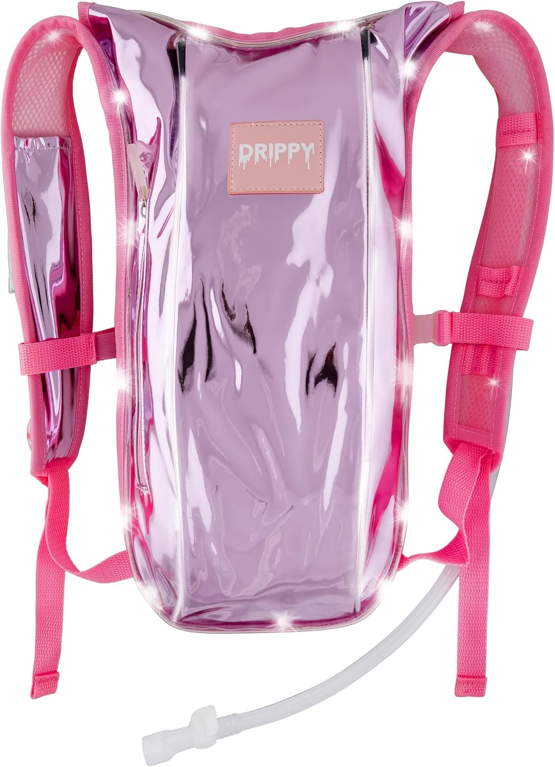 Hot Pink LED hydration pack front view with 2L bladder, hydration hose and adjustable straps