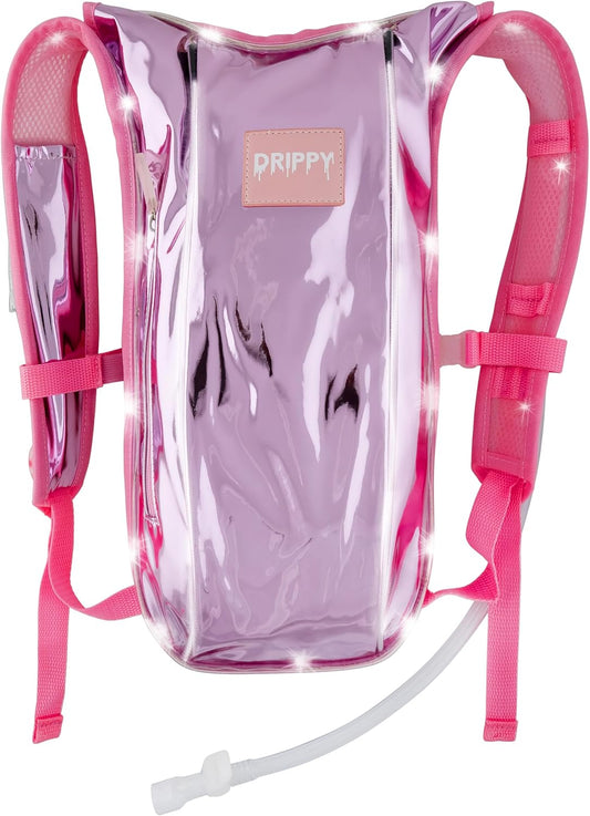 Hot Pink LED hydration pack front view with 2L bladder, hydration hose and adjustable straps