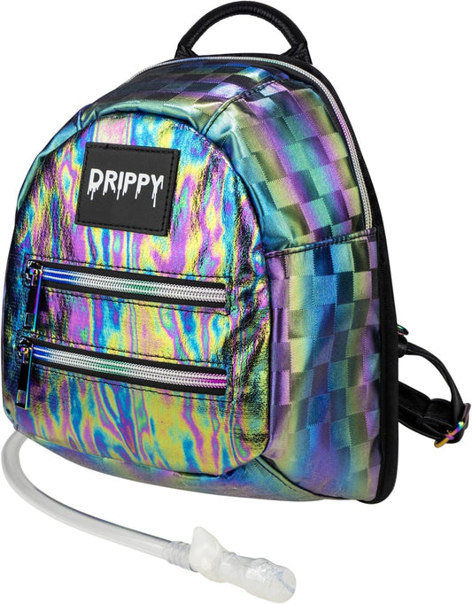 The Oil Slick Mini hydration pack, iridescent oil slick finish with rainbow hardware