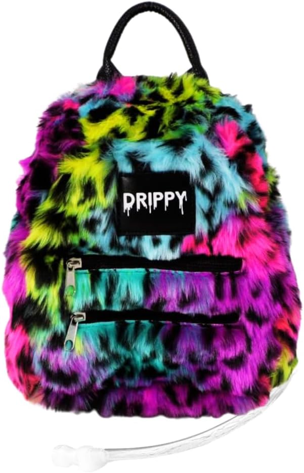 Drippy Cheetah Mini hydration pack in rainbow cheetah faux fur